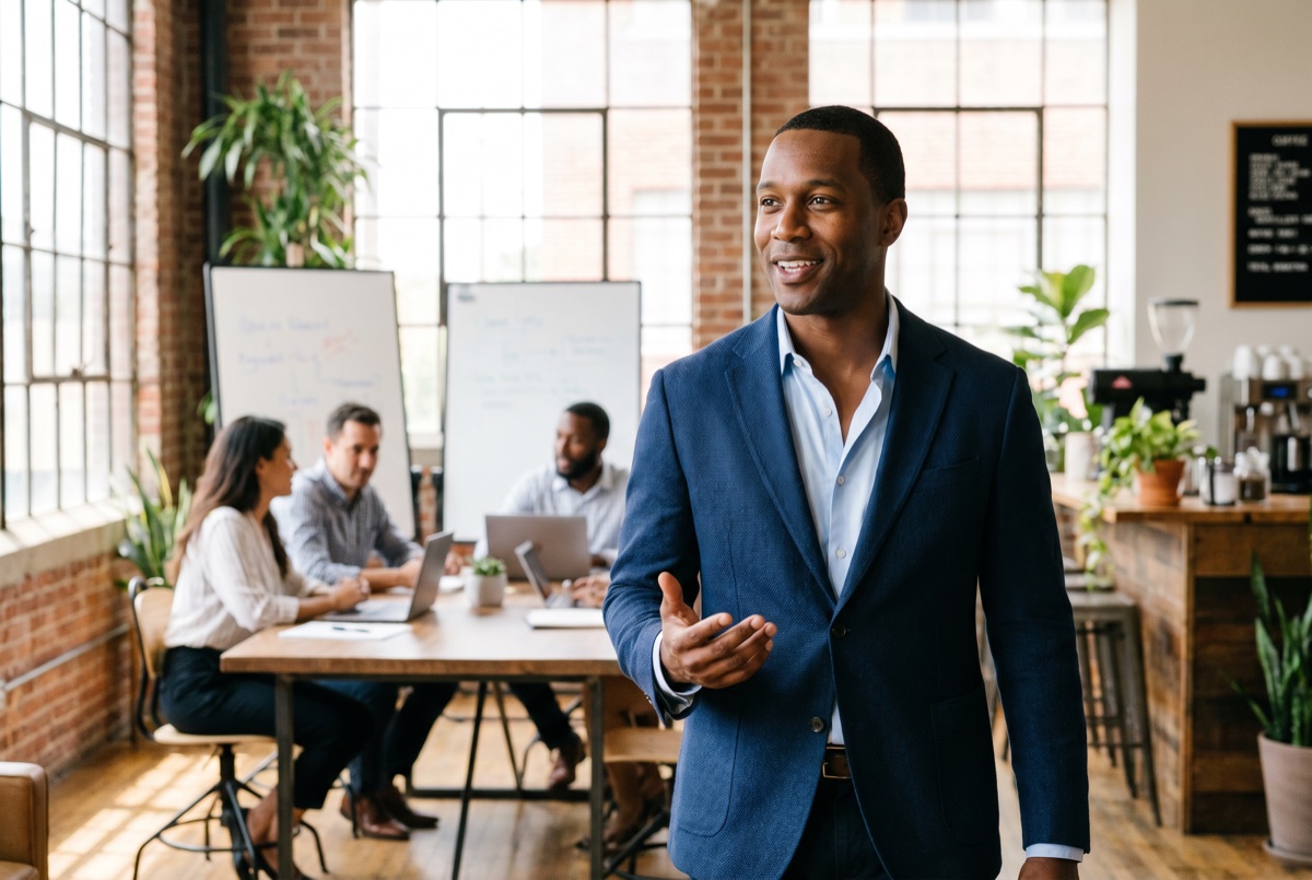 A business owner leading a team